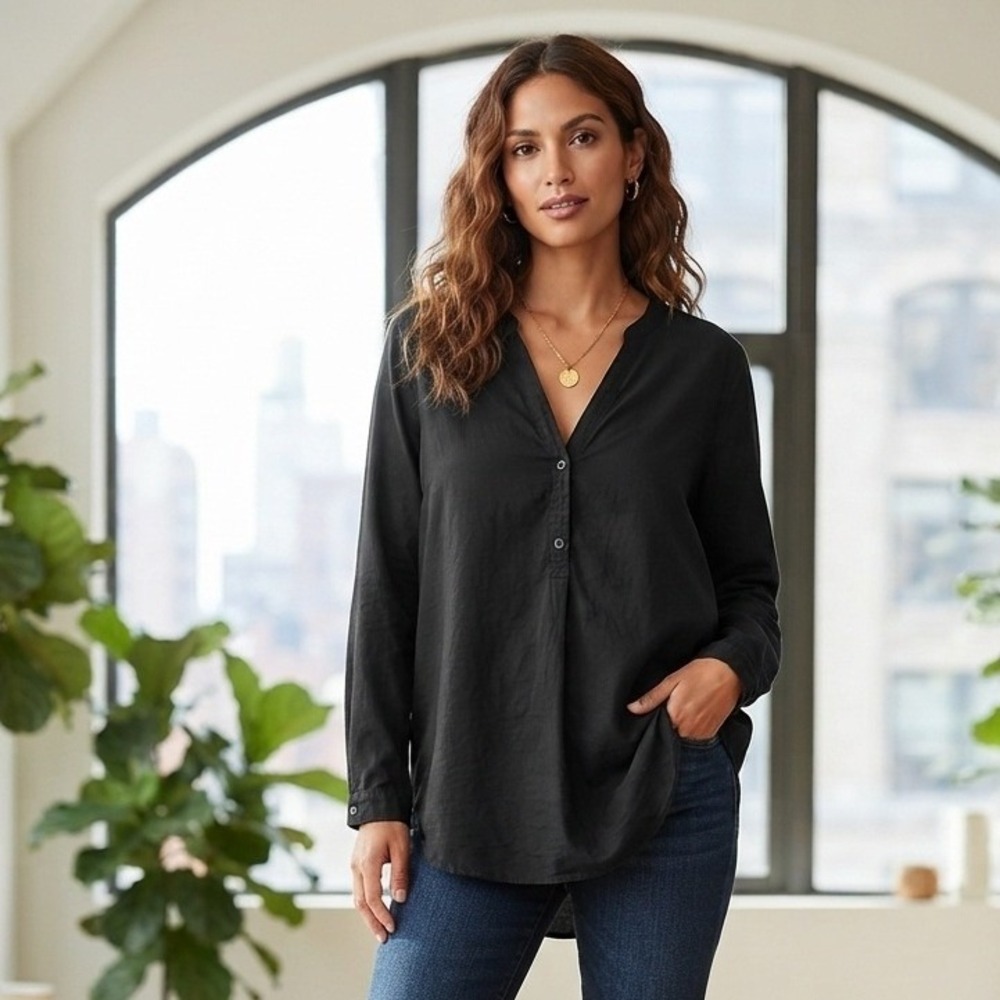 Old Navy Tunic Top Women XXL Black Henley V-Neck Long Sleeve Casual Blouse